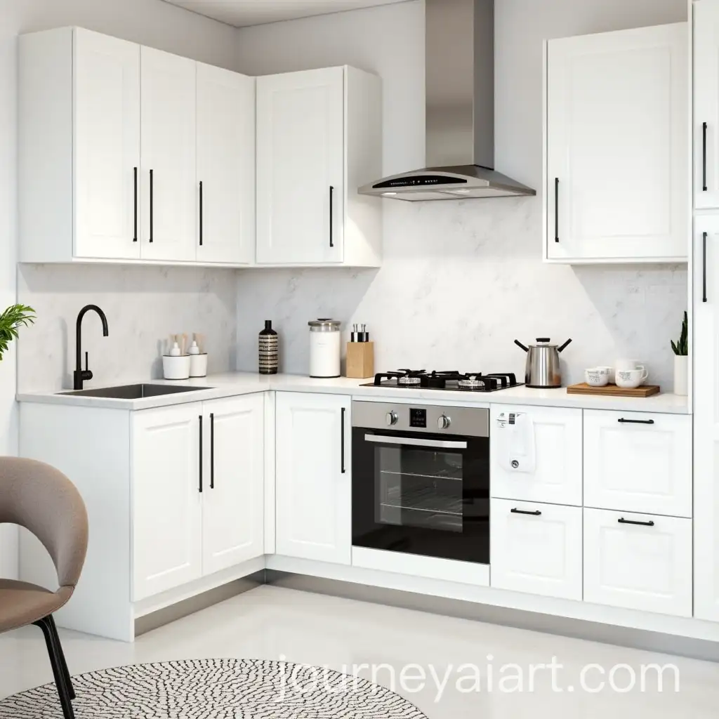 Modern-Kitchen-with-White-Cabinets-Black-Handles-and-Marble-Backsplash
