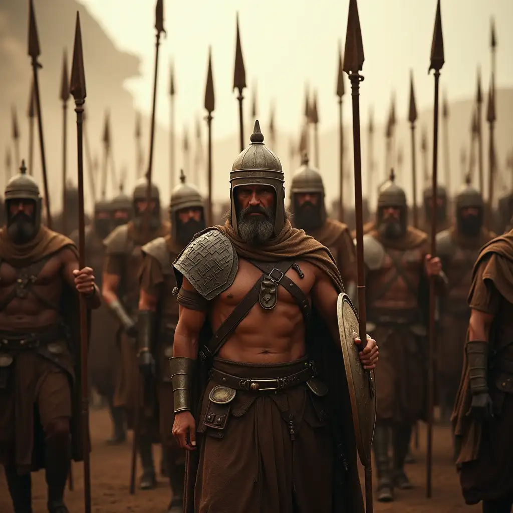 A thousand warriors armed with spears in ancient timesUltra photoreal