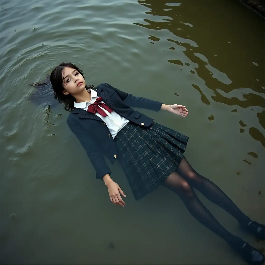 A young schoolgirl in a school uniform, in a skirt, jacket, blouse, dark tights, high-heeled shoes. She is swimming in a dirty pond, lying underwater, all her clothes are completely wet, wet clothes stick to her body, the whole body is underwater, submerged in water, under the surface of the water, below the water's edge.