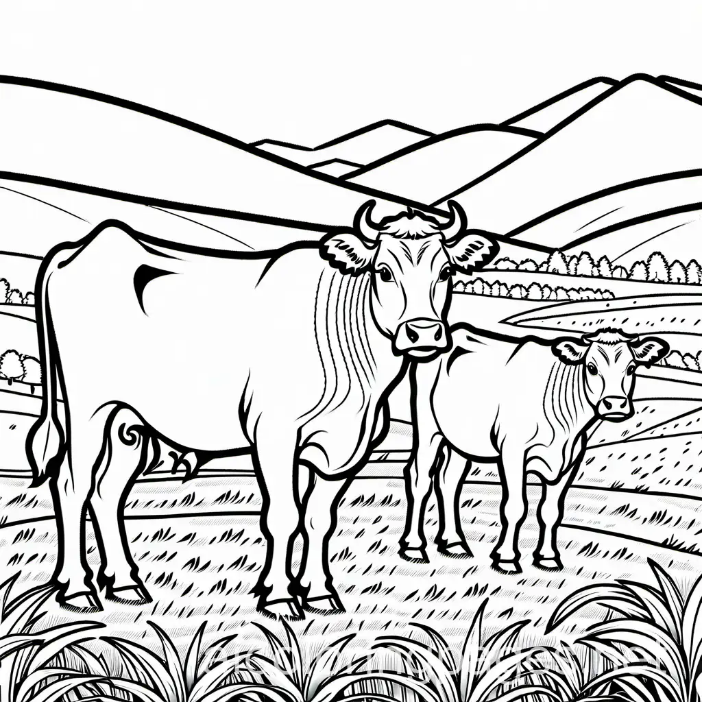 big cows in field, Coloring Page, black and white, line art, white background, Simplicity, Ample White Space. The background of the coloring page is plain white to make it easy for young children to color within the lines. The outlines of all the subjects are easy to distinguish, making it simple for kids to color without too much difficulty