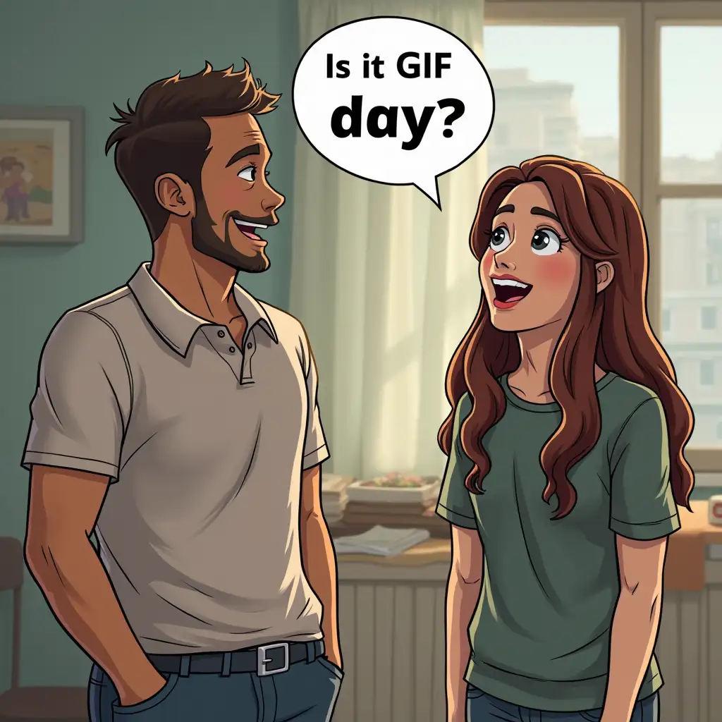 GIF image showing a guy asking a girl something with the text 'Is it GIF day?' on the image'