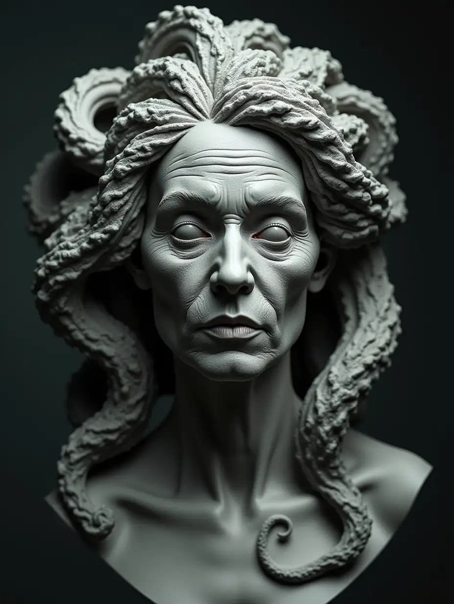 Medusa Gorgona has aged and turned grey with wrinkles, natural realistic aesthetic