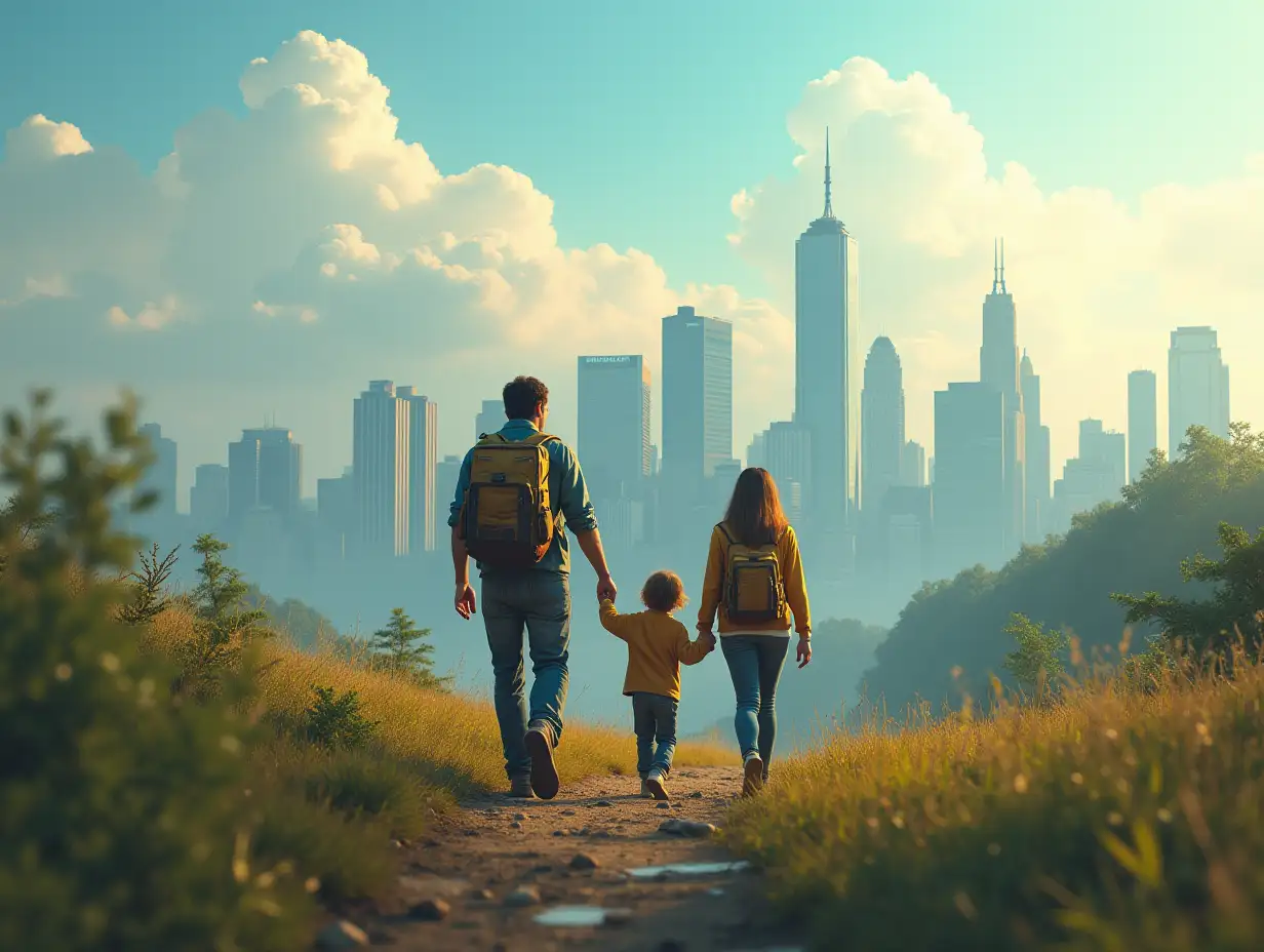 create an image of a family (man, wife and child) leaving the city, the man is carrying a survival pack and heading to nature (on the skyline). Some of the buildings are lightly damaged. The width x height ratio should be 3:1.