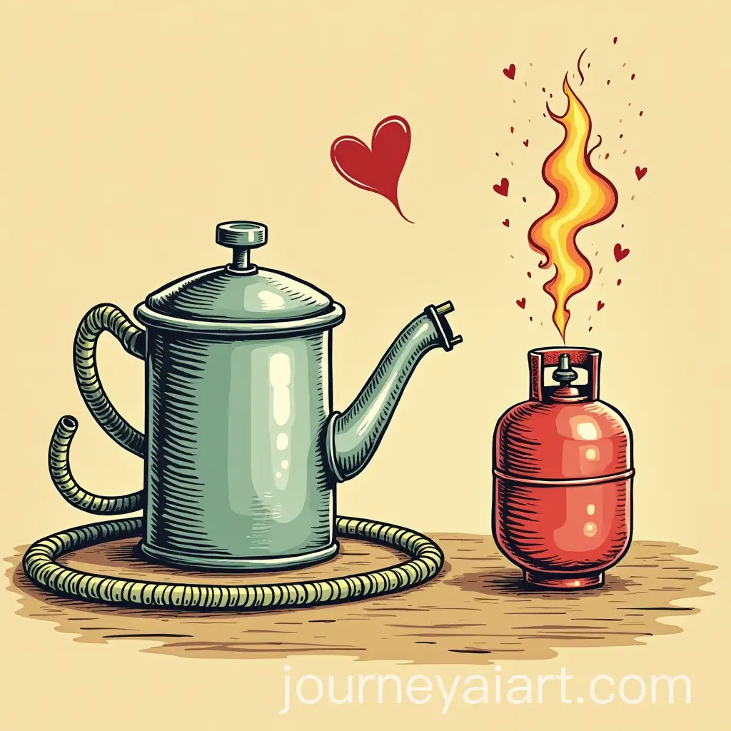 Vintage-Cartoon-Pressure-Cooker-in-Love-with-Propane-Tank-in-Explosive-Excitement