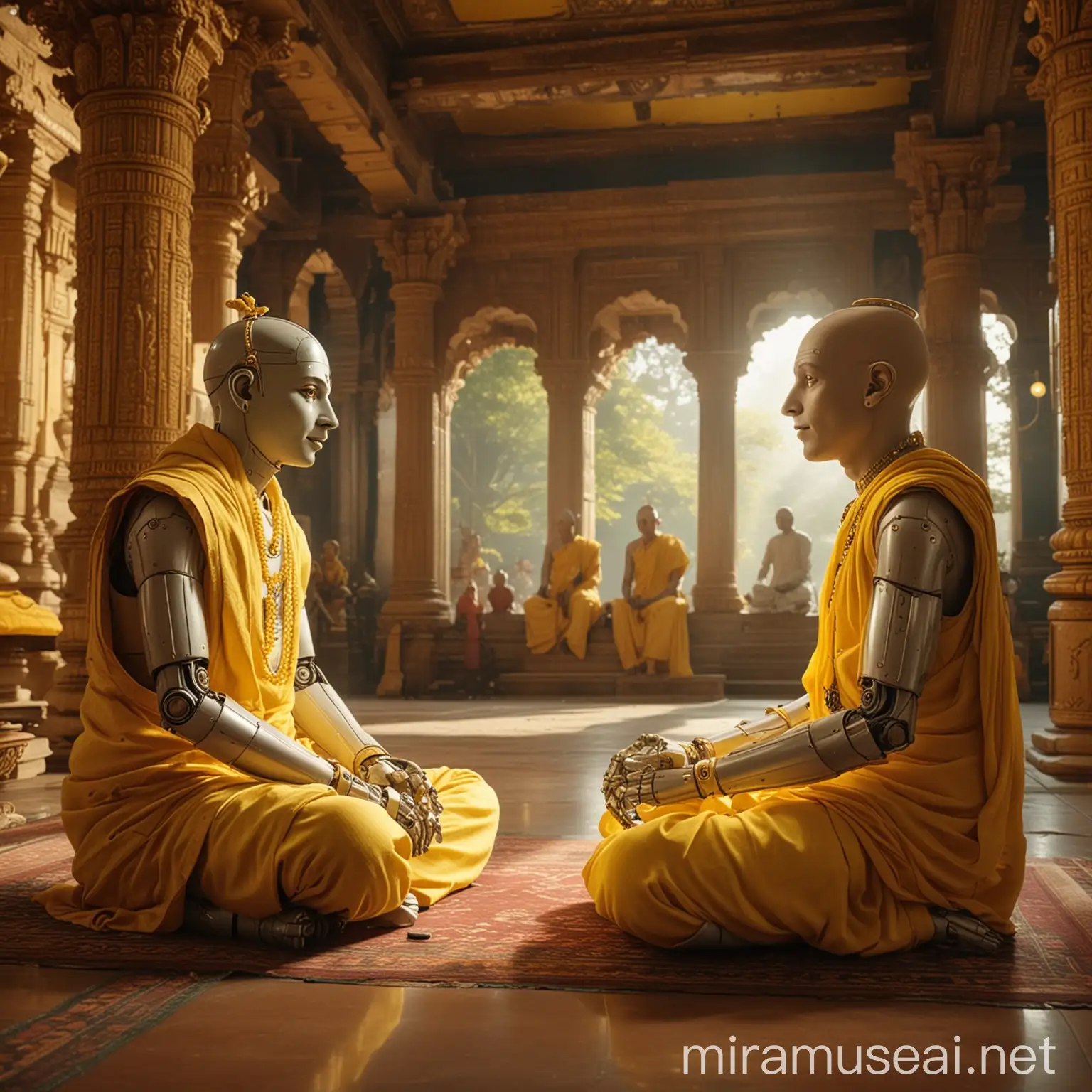 ISKCON Devotees Discussing AI with Glowing Humanoid Robot in Temple