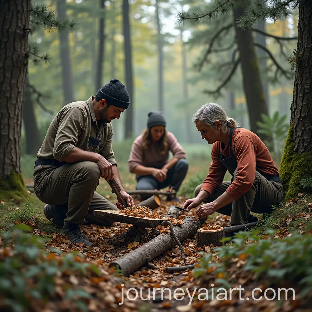 Woodcutters-Working-in-the-Woods-with-Woman-Preparing-Food