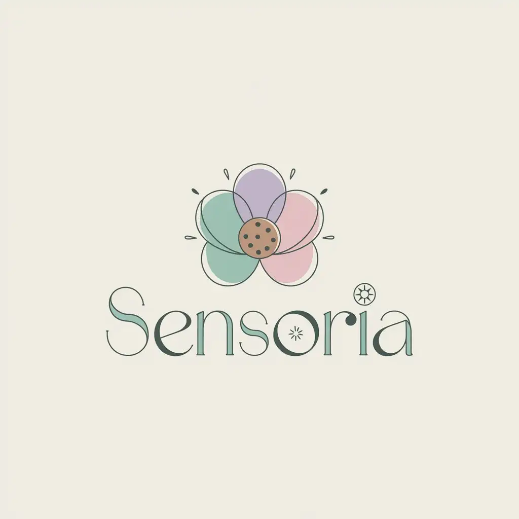 a vector logo design,with the text "A logo with the text ‘Sensoria’ in a soft and modern cursive font with gentle curves. The logo is presented in a pastel color palette, such as mint green, lavender, soft pink, and beige. The text is in a darker shade, like warm brown or deep green", main symbol:stylized flower with petals that represent the different senses, with a small illustration of a cookie in the center of the flower. There are fine lines or dots around the icon, suggesting movement and sensoryness.,Minimalistic,be used in Others industry,clear background