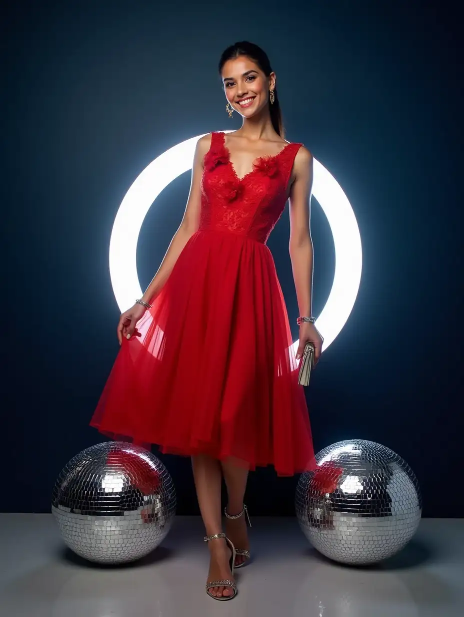 Young-Woman-in-Red-Skater-Dress-Against-Disco-Ball-Backdrop