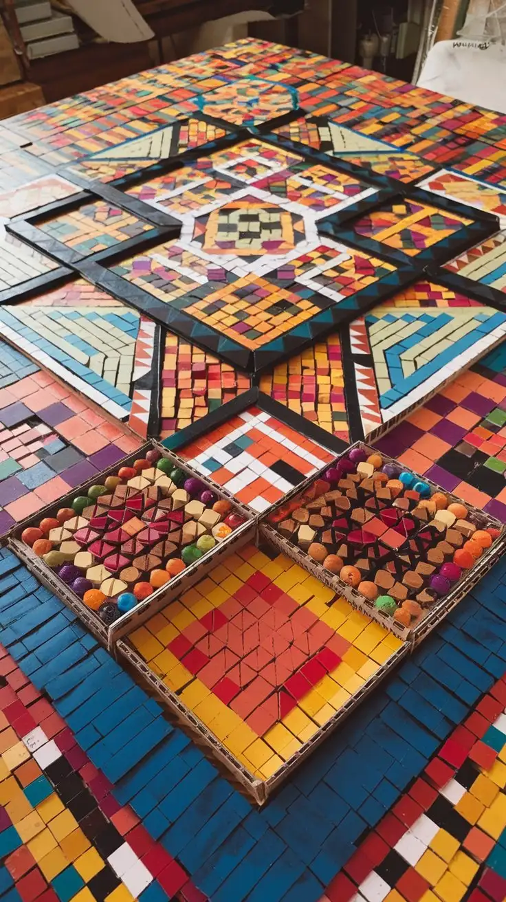 Overhead shot, a vibrant and colorful mosaic artwork created entirely from matchbox cardboard pieces, geometric patterns, close-up on texture and color variations, sharp focus, art studio setting, natural daylight, abstract art.