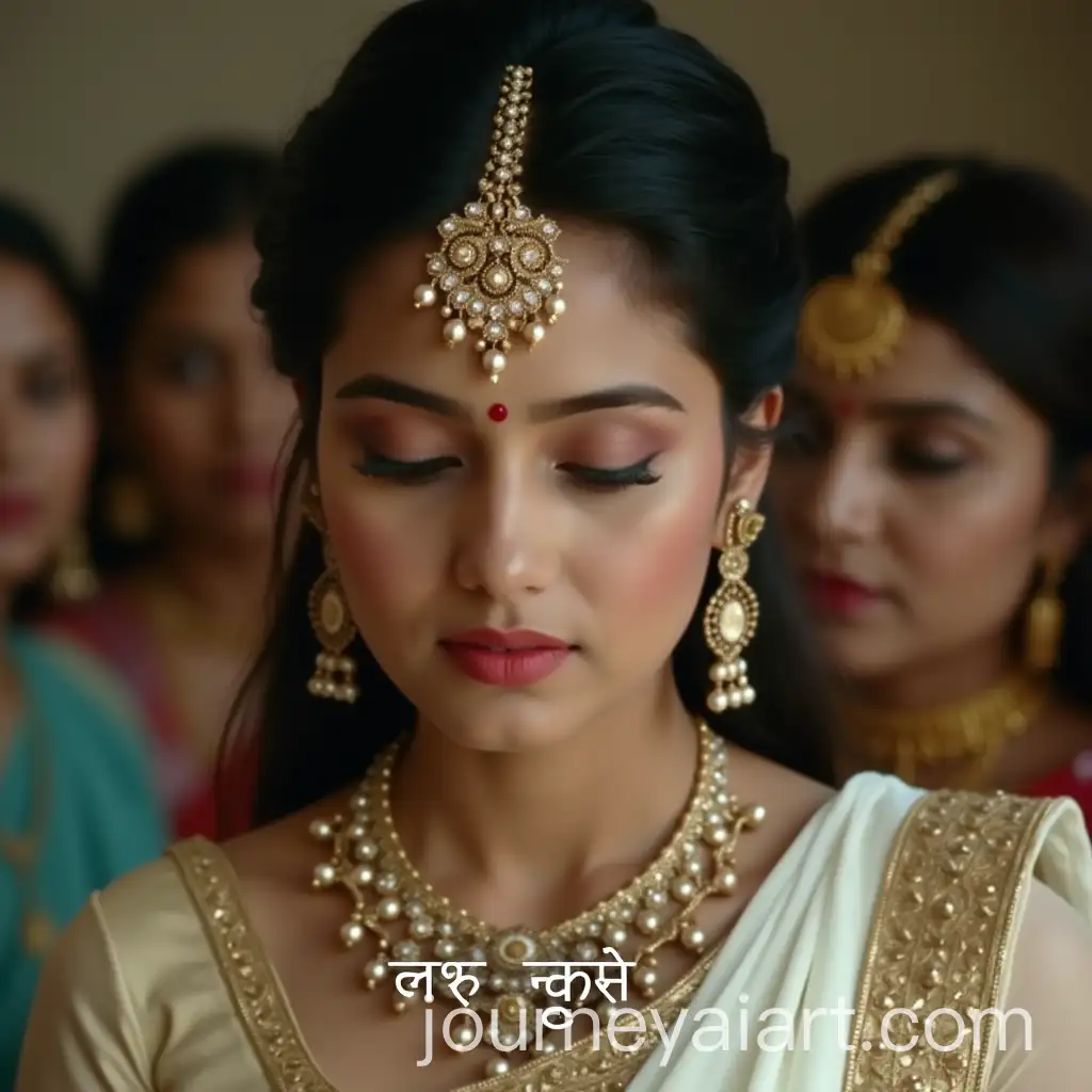 Young-Indian-Woman-in-Traditional-Bridal-Look-with-White-Saree-and-Gold-Embroidery