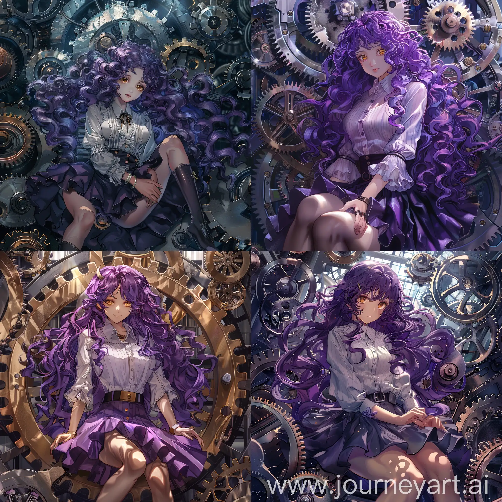 Anime-Girl-with-Long-Curly-Purple-Hair-Sitting-on-Giant-Gear-surrounded-by-Working-Gears