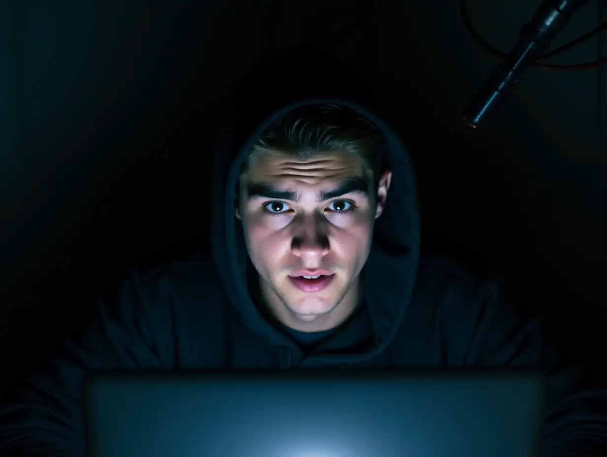 Close-up of Zac Efron's face sitting in a dark room. He is wearing a black hoodie that hides part of his face, leaving his eyes in the spotlight. His expression is tense and pale, as if he has just seen something frightening on the screen. The soft light from the laptop screen in front of him illuminates his face from below, emphasizing the anxious expression and giving a dramatic, contrasting effect. The background remains darkened, with barely visible outlines of cables and equipment, creating an atmosphere of mystery and tension.