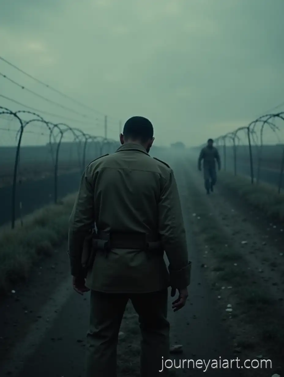 Soldier-Struggling-to-CrossSoldier-crossing-barbed-wire-Barbed-Wire-in-a-Desolate-Border-Landscape