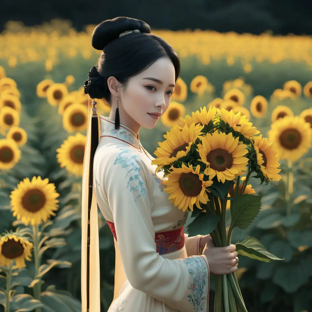 A woman with flowers in her hand stands in a sunflower garden with her hair edged bare, Chinese millennial style. --ar 1:1 --v 6.0 (fast)