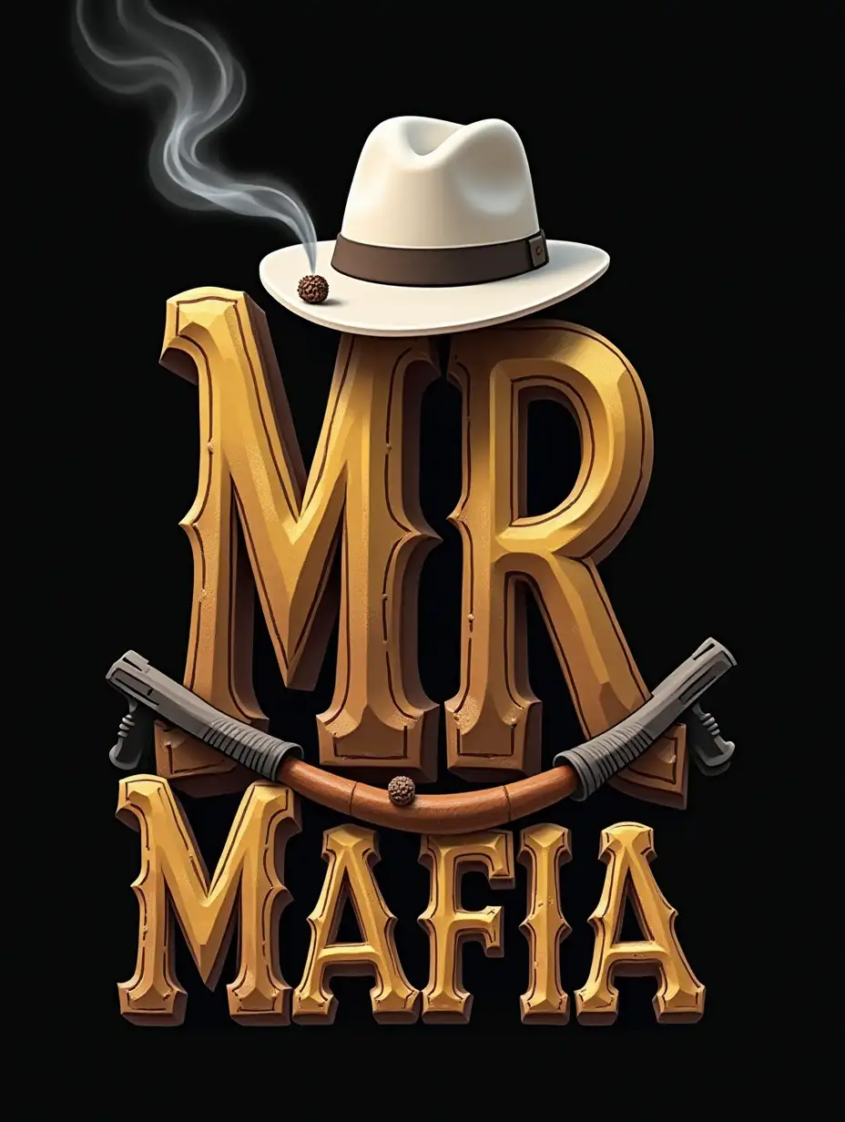 3D & Standing 'WM' Logo Image, 'MR-Mafia', Mafia white Hat, Gun, Cigars, Smoke, Mafia Symbols Use, Friendship Group Token, Mafia Game Group Name, Bold & 3D Letters in Gold Color, High Quality