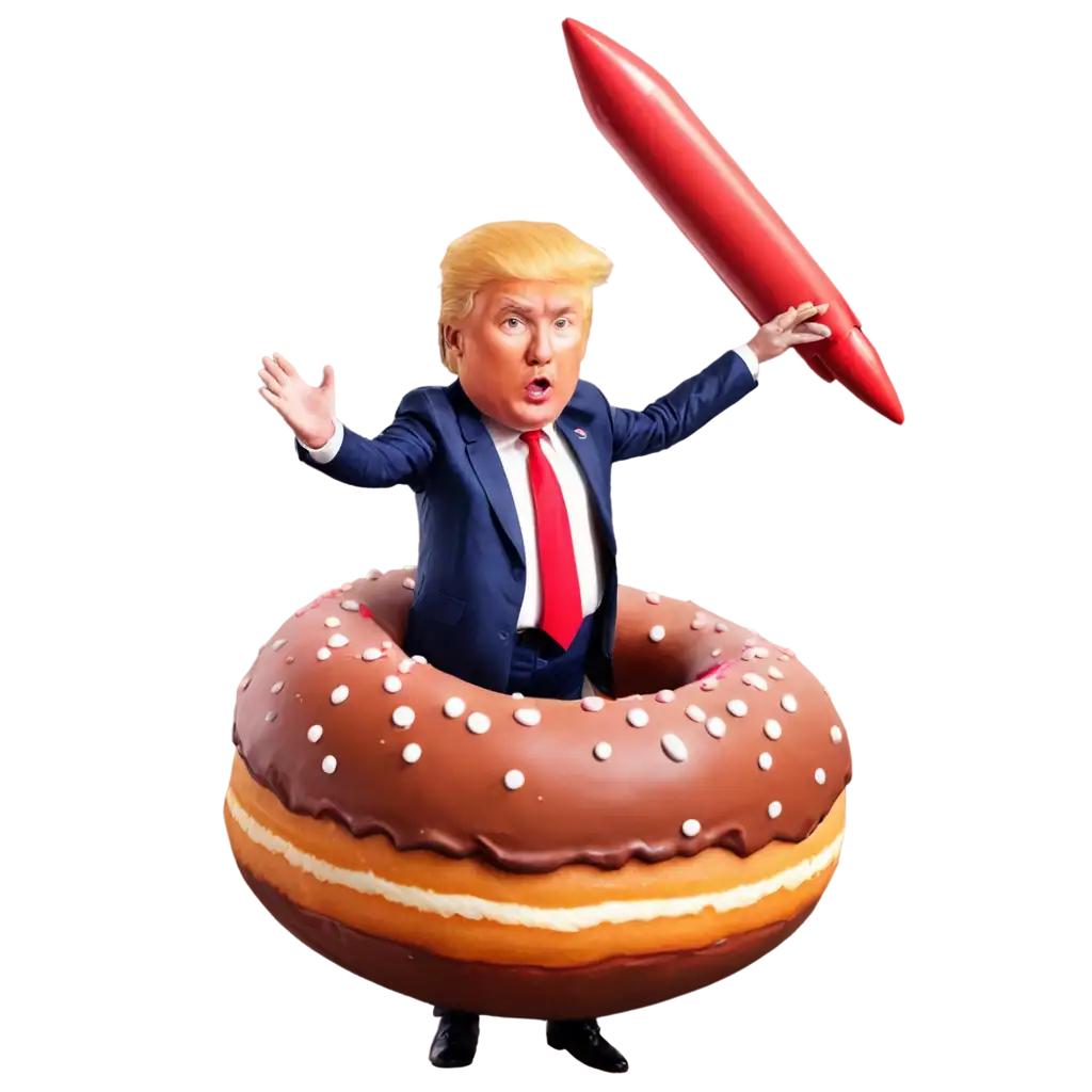 Donald Trump riding a rocket through a giant flying chocolate doughnut