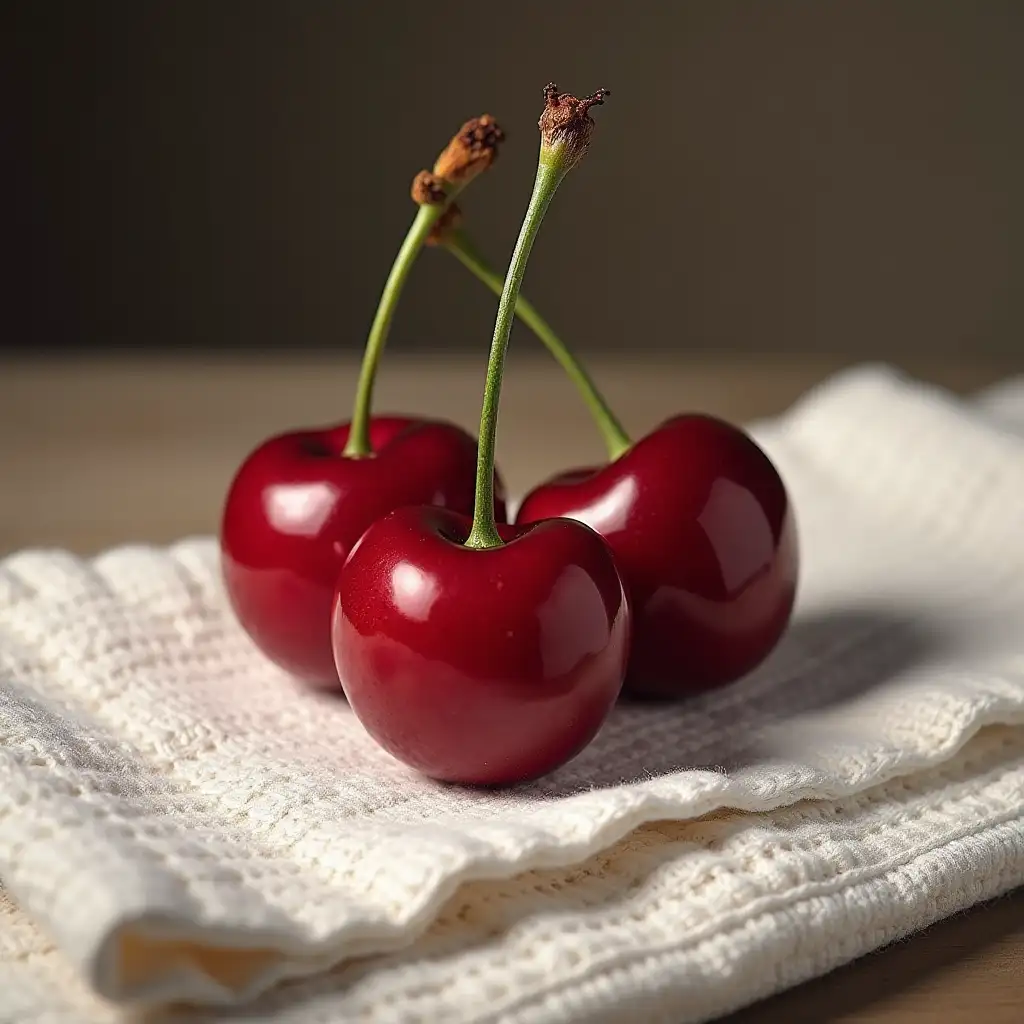 Pair-of-Fresh-Cherries-on-Soft-Cotton-Cloth-Still-Life