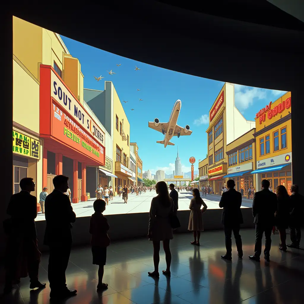 Transition quickly to illustrations and concept arts of Syd Mead projected on large screens in a busy public space. Passersby admire these iconic works.