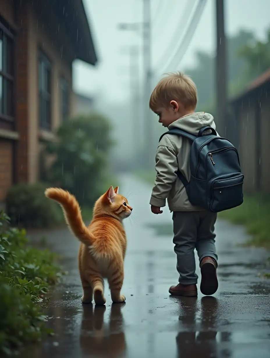 baby orange cat following a sad human child home, backpack, walking down the street, orange cat, sad scene, raining, facing the camera, good contrast, high resolution photo, sad scene, raining, good contrast, high resolution photo, open shot