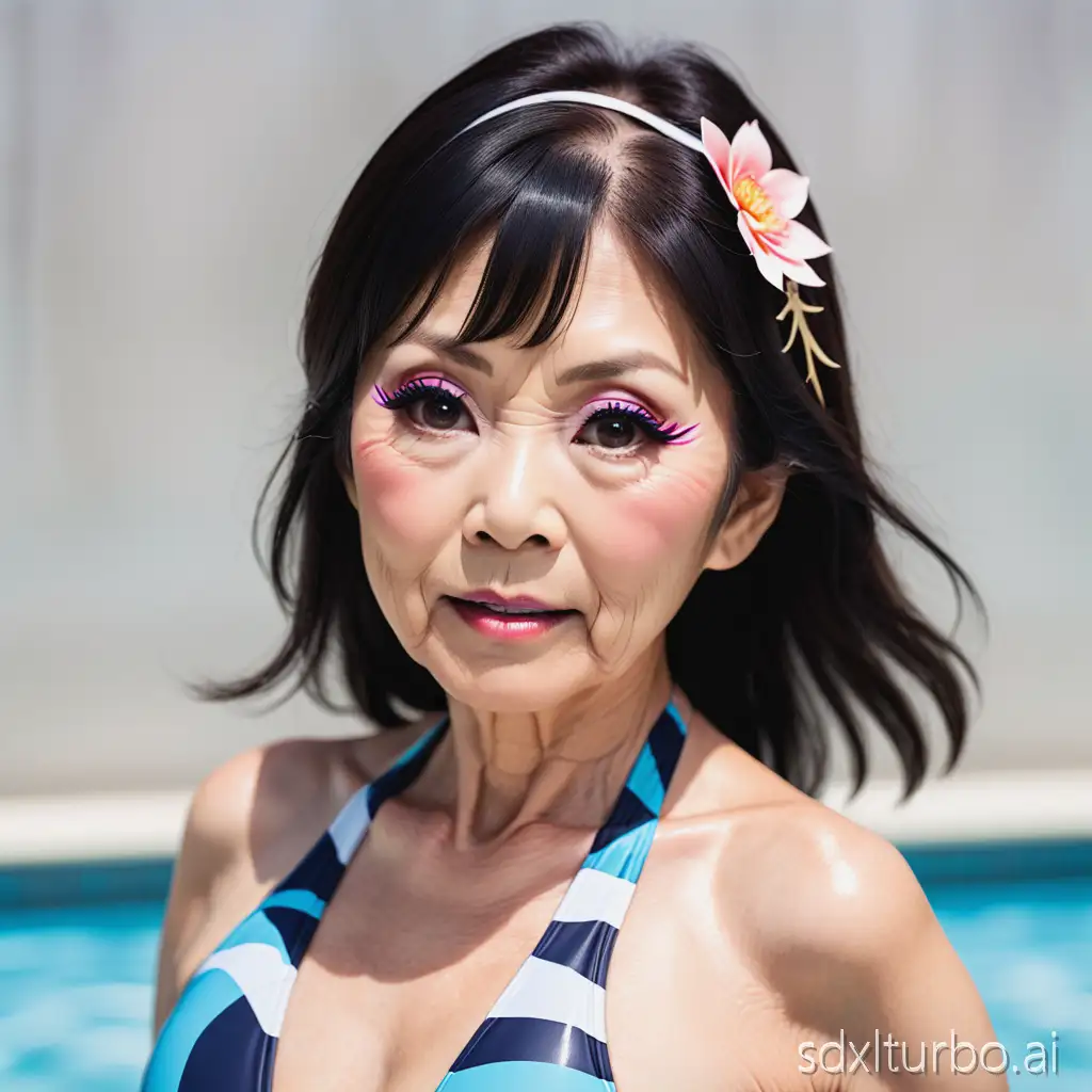 Japanese woman of 60 years old of dark hair with swimsuit and makeup with eyelashes