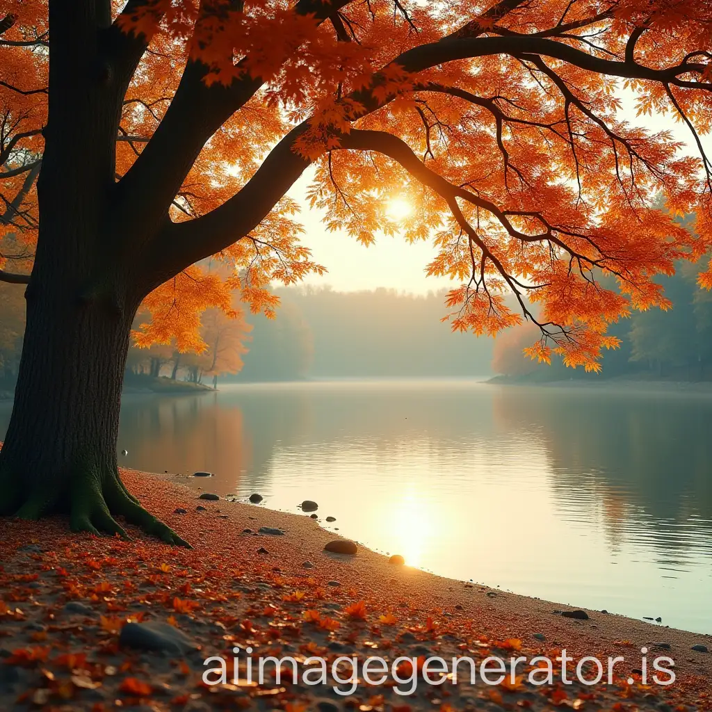 Tranquil-Lakeside-Autumn-Scene-with-Majestic-Tree-and-Reflective-Water