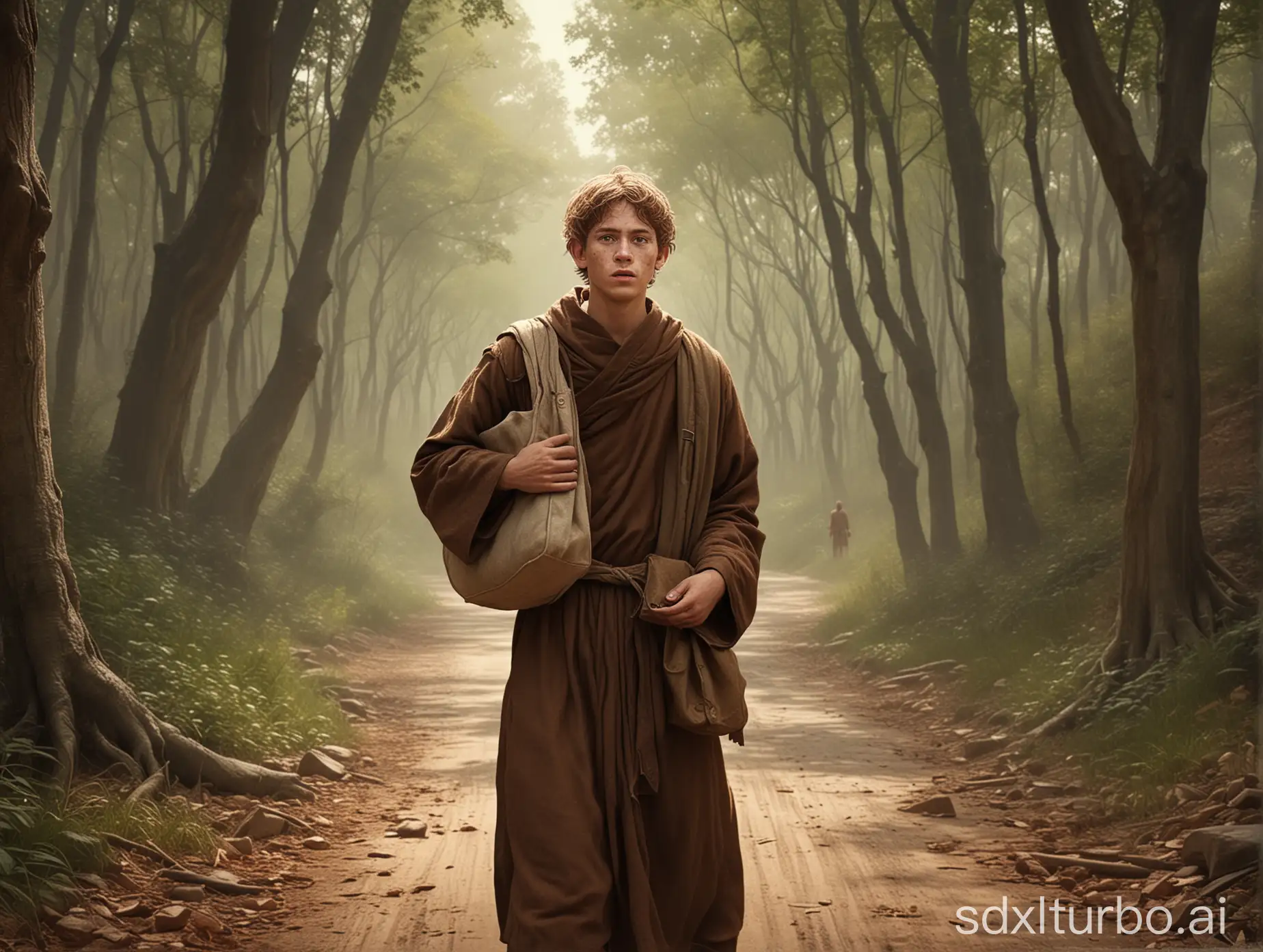 Young-Monk-Fleeing-Robbers-Through-Forest-Road