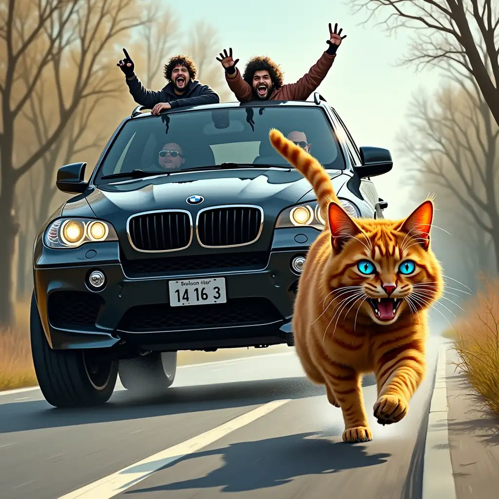 A big black BMW X5m is chasing a shaggy ginger cat, who runs in fear along the road, with blue eyes, and scary punks are in the car, drawing