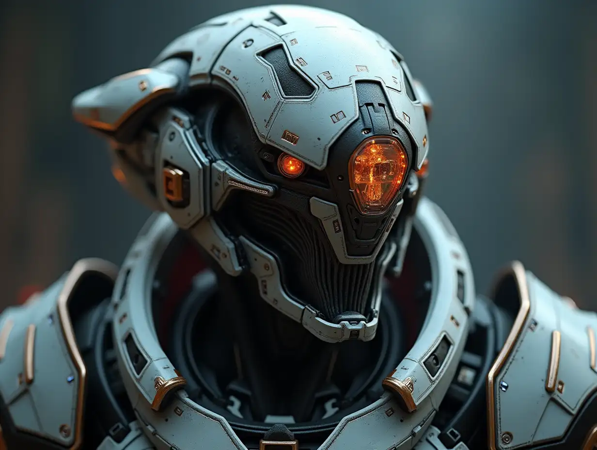 military nousr robot, warframe, character design, detailed face, highly detailed, intricate details, symmetrical, digital 3d, hard surface, real-time, vfx, volumetric lighting, ambient light, ultra hd, hdr