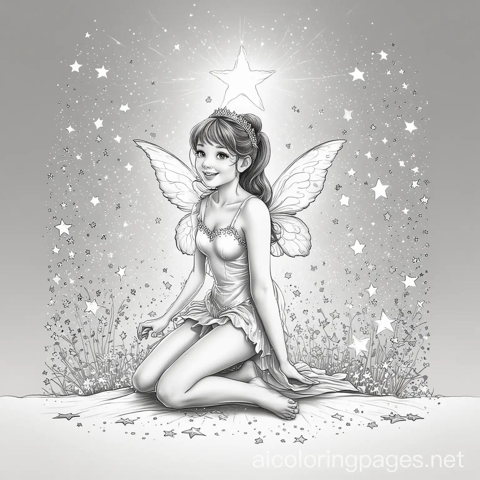 Teen-Tooth-Fairy-Kneeling-Surrounded-by-Stars-Coloring-Page