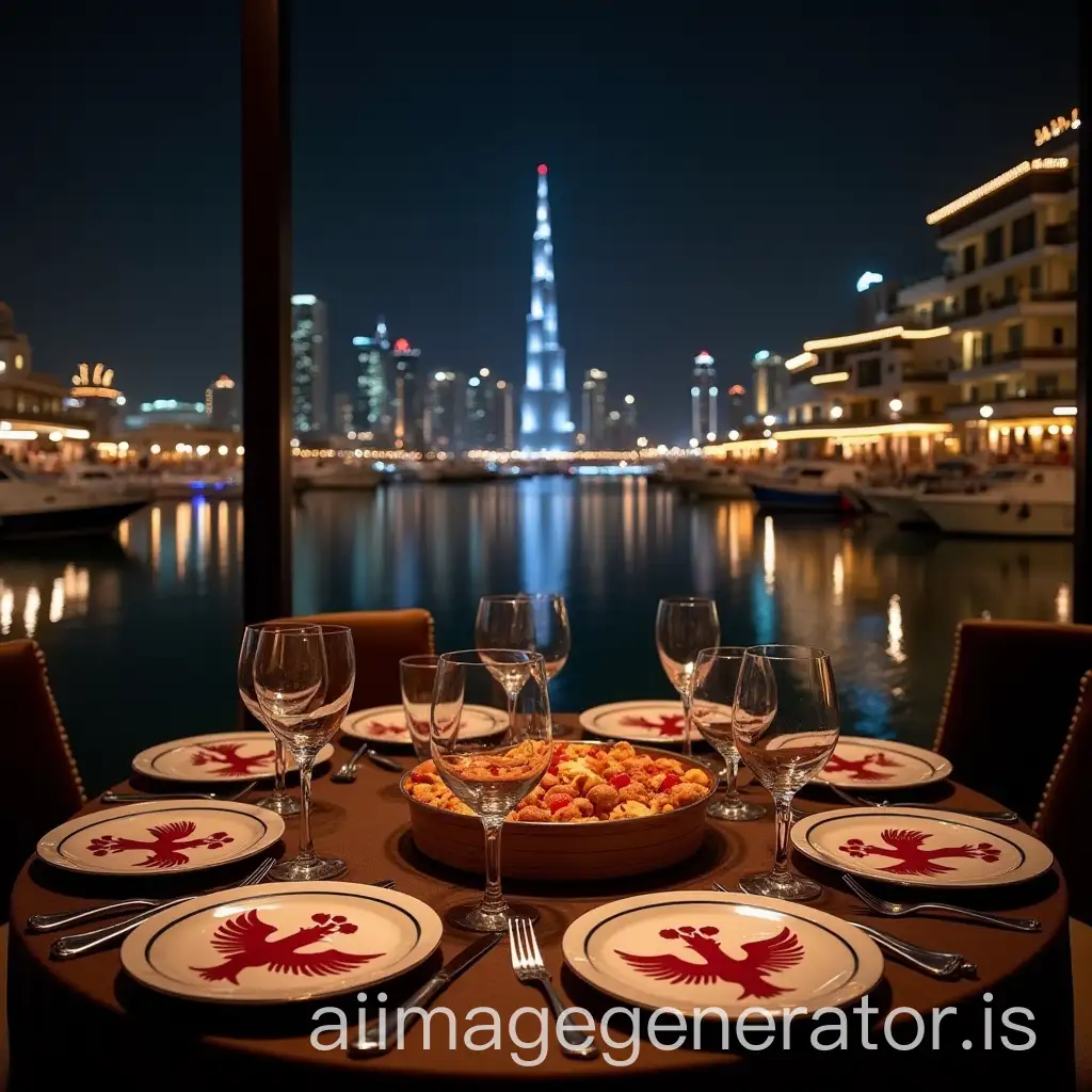 Chic-Albanian-Cuisine-Table-with-Dubai-Night-Skyline-View