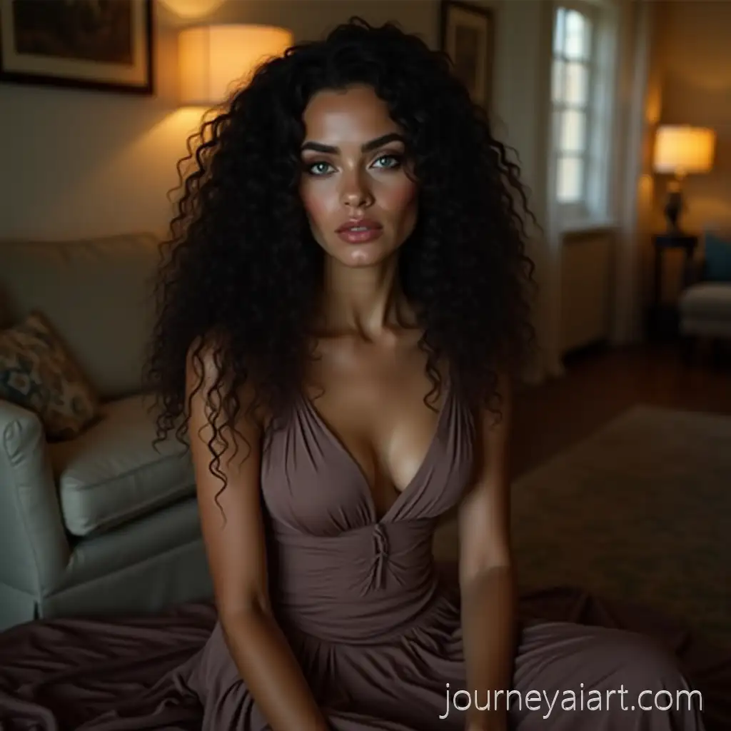 Elegant-Woman-in-Long-Dress-Sitting-on-Couch-with-Mysterious-GElegant-woman-in-dressaze