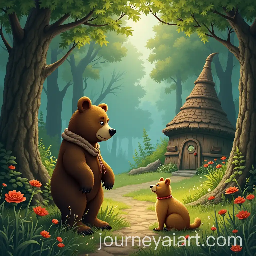 Little-Bear-in-a-Fairy-Tale-Forest-with-Baba-Yagas-Hut-and-Magical-Creatures