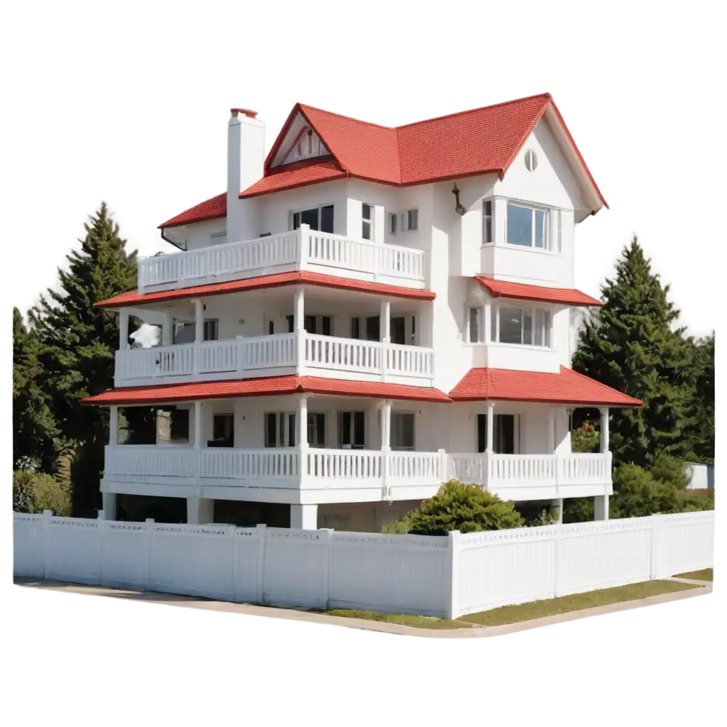 A three-story house with white balconies, rectangular in shape, primarily white in color, viewed from the side facing inward, featuring a bright red tiled roof, a front garden, and a fence enclosing the yard.