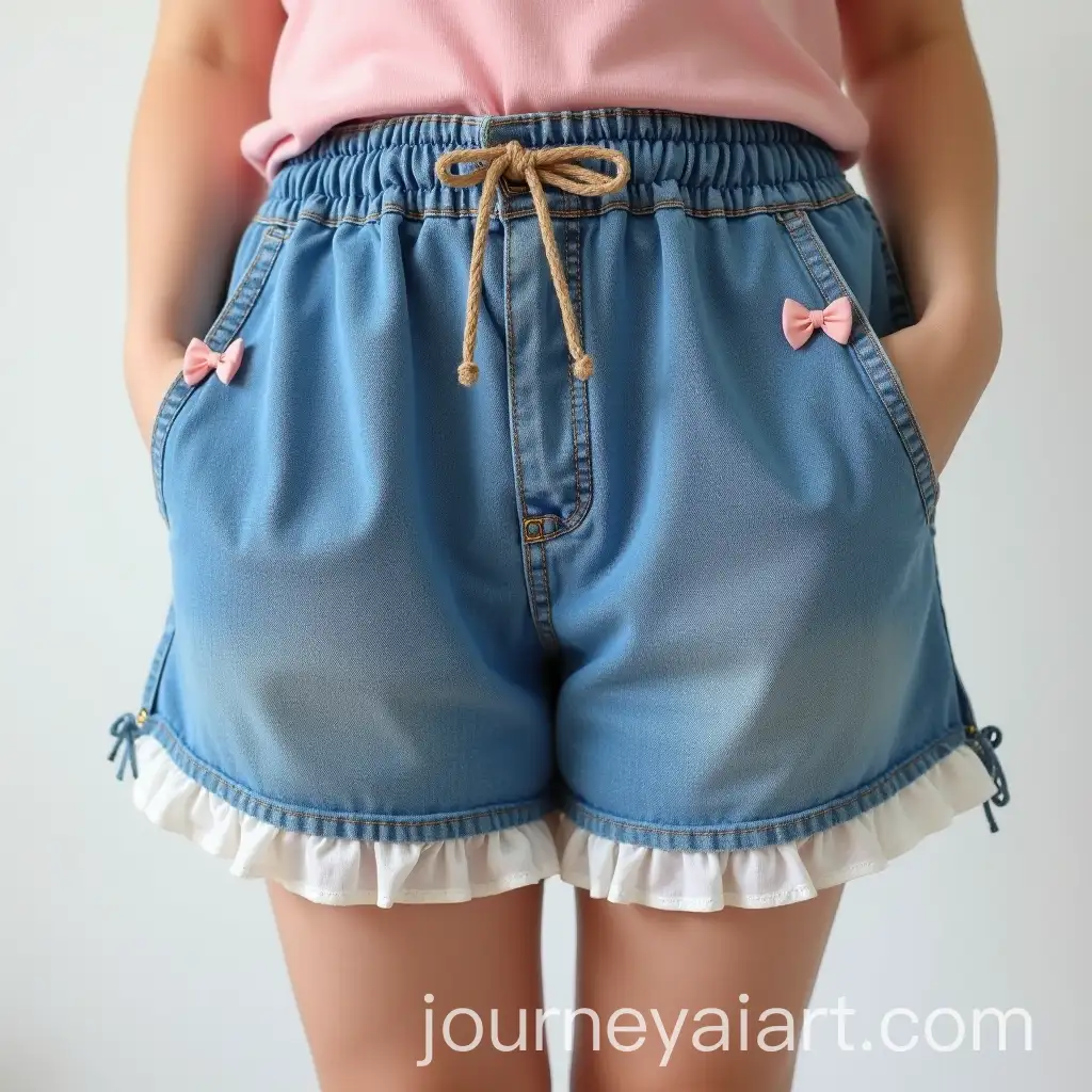 Thick-Person-Wearing-Loose-Long-Denim-Shorts-with-White-Frills-and-Pastel-Bow-Accents
