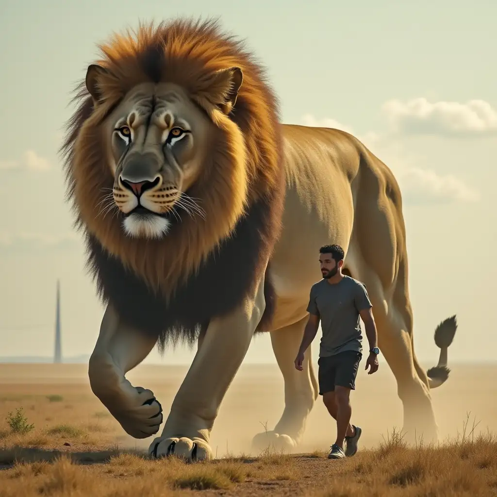 A man walking with a giant lion