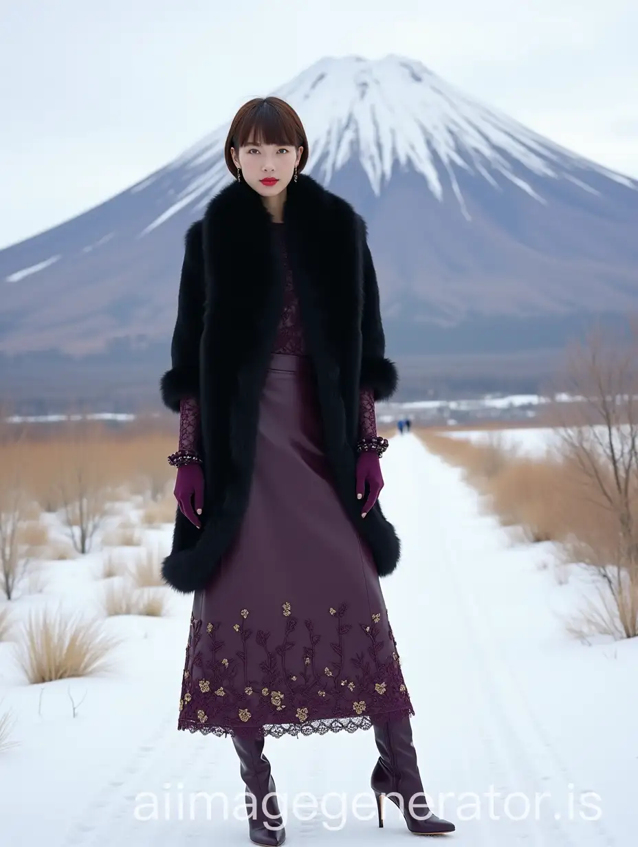 Japanese-Model-in-Dandy-Fashion-on-Snowy-Fujiyama-Path