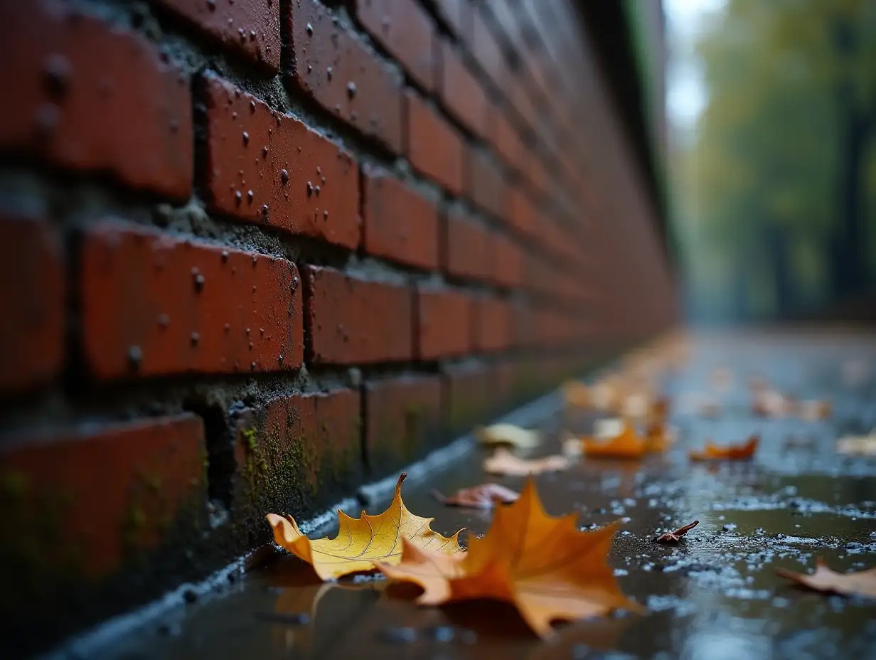 Serene-Autumn-Scene-Rainsoaked-Brick-Wall-and-Scattered-Leaves