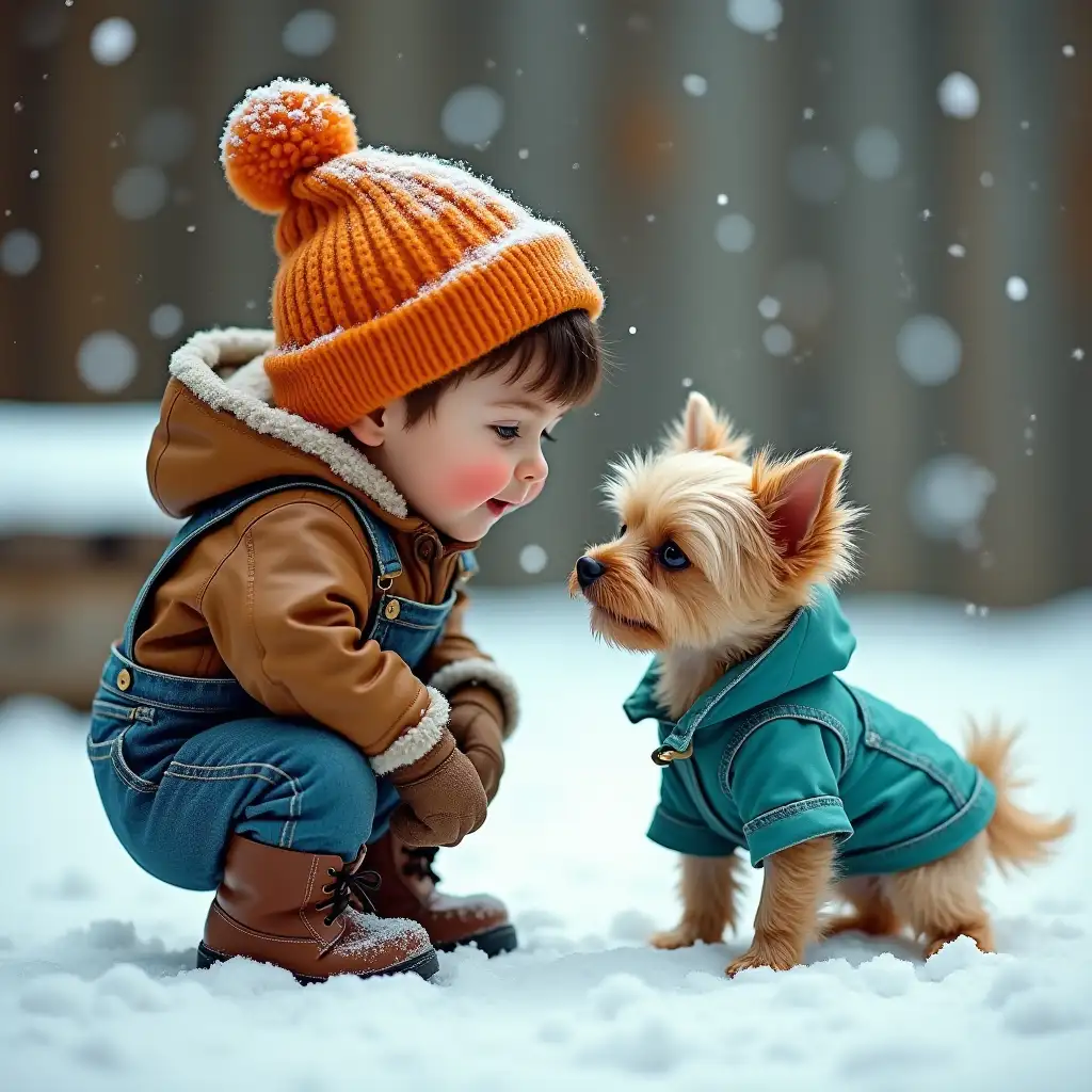 a young child and a small dog interacting in a snowy outdoor setting. The child, wearing a orange knitted beanie, a brown leather jacket with a hood, denim overalls, and sturdy brown boots, is crouched down, gazing affectionately at the dog. The child’s cheeks are flushed, and their expression shows curiosity and warmth. The dog is a small Yorkshire Terrier, dressed in a turquoise denim jacket, standing on the icy ground and looking back at the child with an inquisitive expression. The background consists of a wooden surface covered with snow, a blurred wooden fence or structure, and streaks suggesting snowfall. The overall mood of the image is endearing and heartwarming, evoking a sense of friendship and mutual curiosity between the child and the dog. The colors are rich and the details are finely rendered, giving the scene a cozy and nostalgic atmosphere. Beneath The Snowy Veil, soot painting technique, enchanted winter scape, soot texture, herbal ink splatters, colorful, turquoise dreamy atmospheric, satin velvet shine, unique. White assent colors