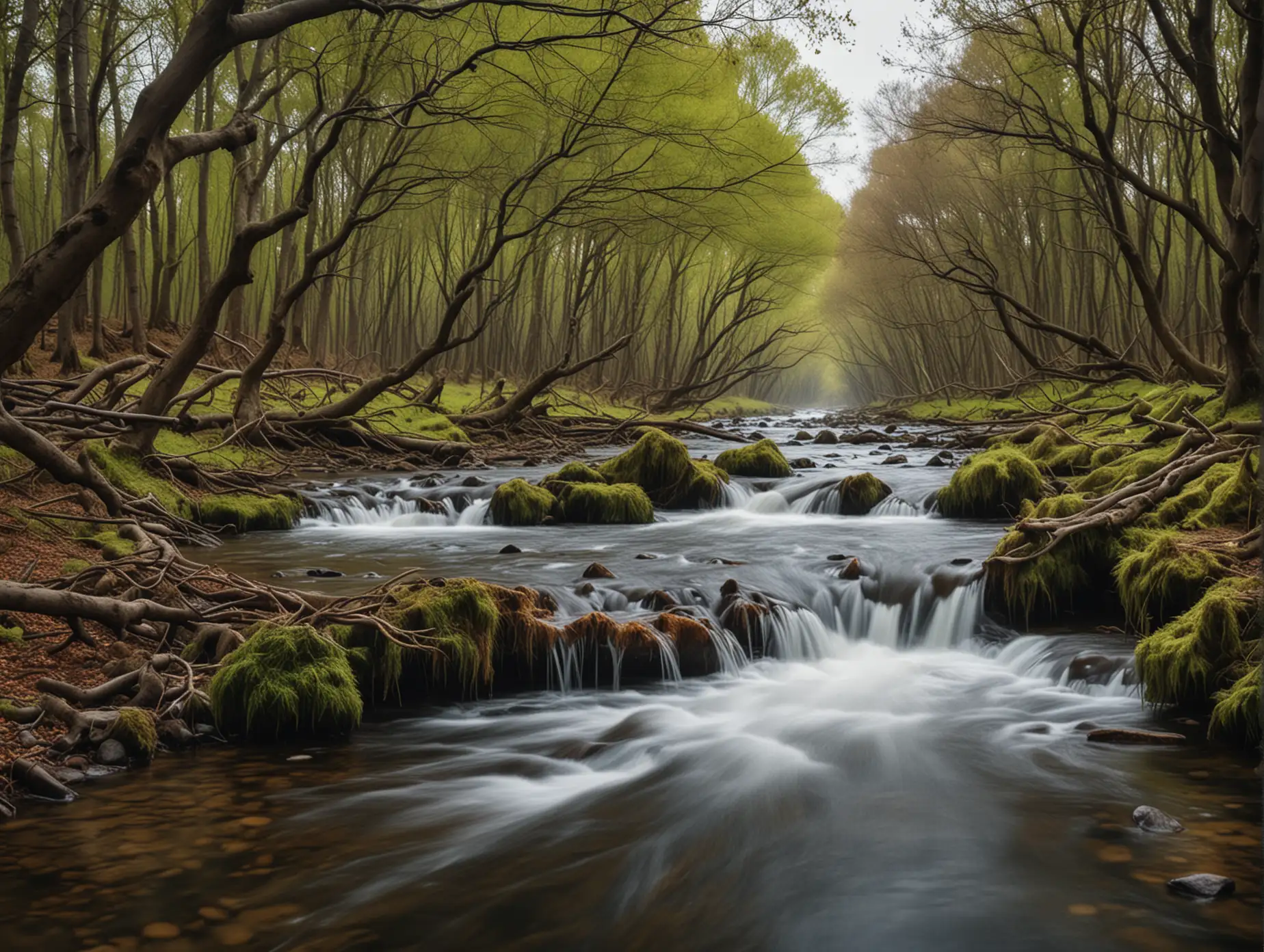 long exposure photography. beautiful landscape with a turbulent stream and a grove with branches bent by the wind. premium photography, dslr, 4k 8k uhd. 