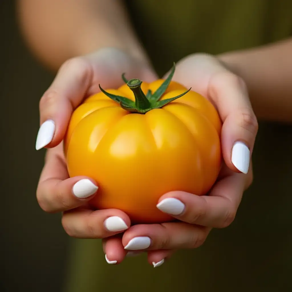 Beautiful two female hand with white nails tightly grasping a yellow tomato