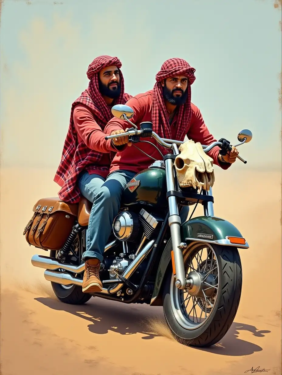 Two-Arab-Sheiks-Riding-Harley-Davidson-Chopper-with-Camel-Skull-in-Traditional-Plein-Air-Hudson-School-Style