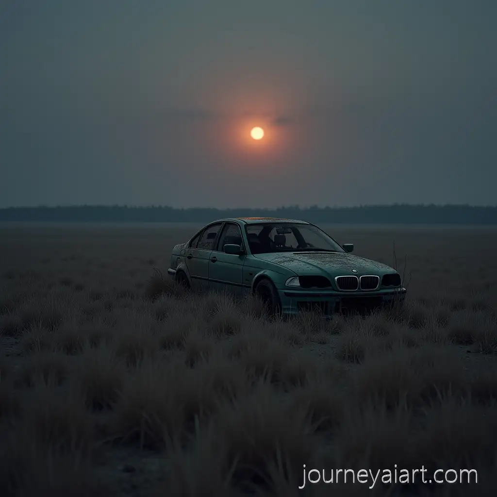 Abandoned-Dark-Green-BMW-E46-in-Vast-Textured-Field-Under-Glowing-Harvest-Moon