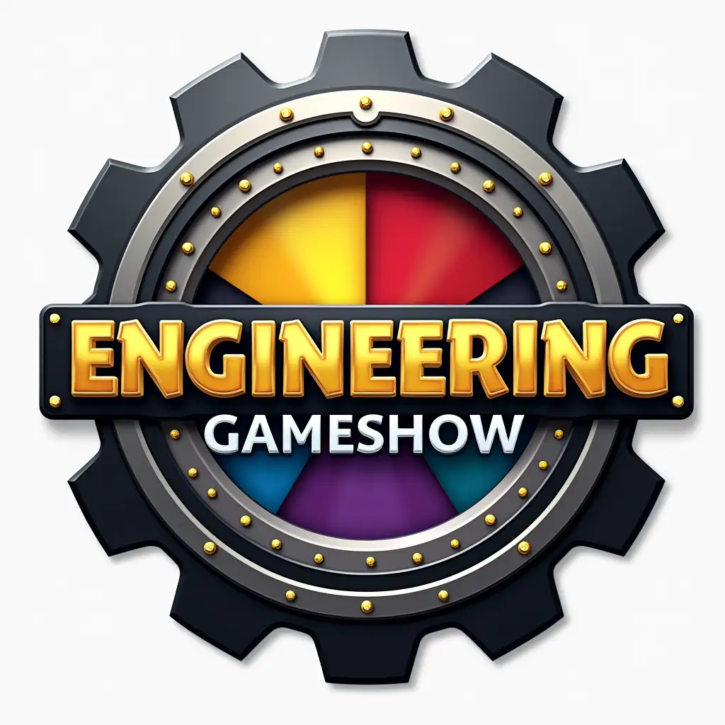 A professional and modern logo for an 'Engineering Gameshow'. The logo features a large, metallic gear with a polished, reflective black and silver finish as the outer frame. Inside the gear is a vibrant spinning wheel with four colorful segments (yellow, red, blue, and purple), accented with small golden dots along the rim. The top of the wheel has a small red marker for indicating results. Bold, 3D text overlays the gear: 'ENGINEERING' in a bright gold, slightly curved at the top, and 'GAMESHOW' in a bold, metallic black with gold accents at the bottom. The font should be bold and dynamic, giving a sense of excitement and competition. The overall design should be sharp, clean, and slightly futuristic, evoking a high-tech and competitive atmosphere.