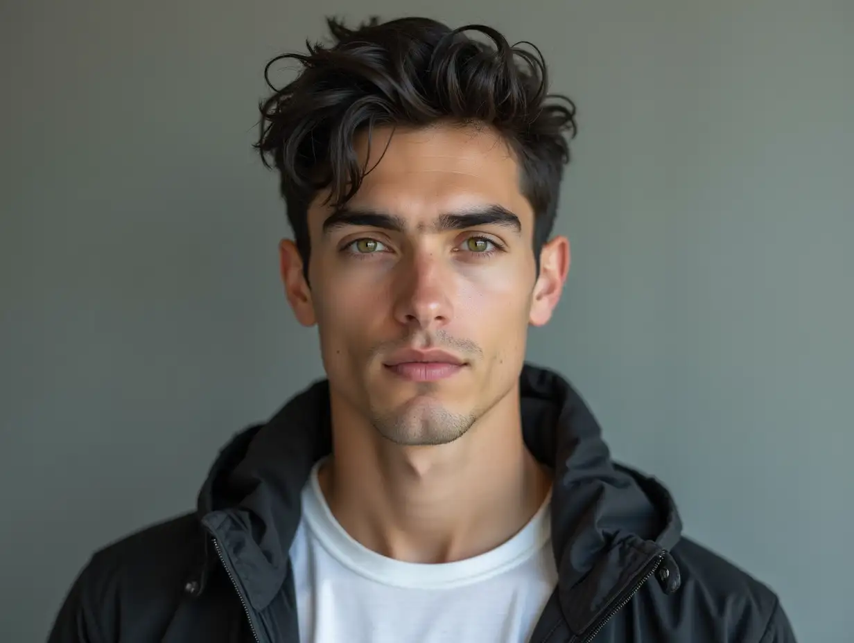 A handsome young man with green eyes and short black hair. A trained and well-defined body. Black jacket and white t-shirt, straight black jeans until the ankles and white sneakers.