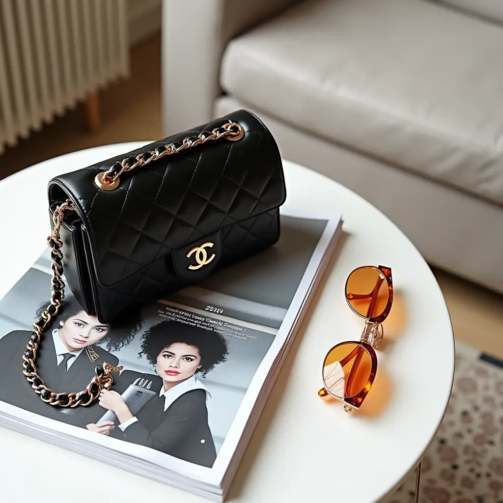 At the magazine table lies a Chanel purse next to sunscreen sunglasses Chanel