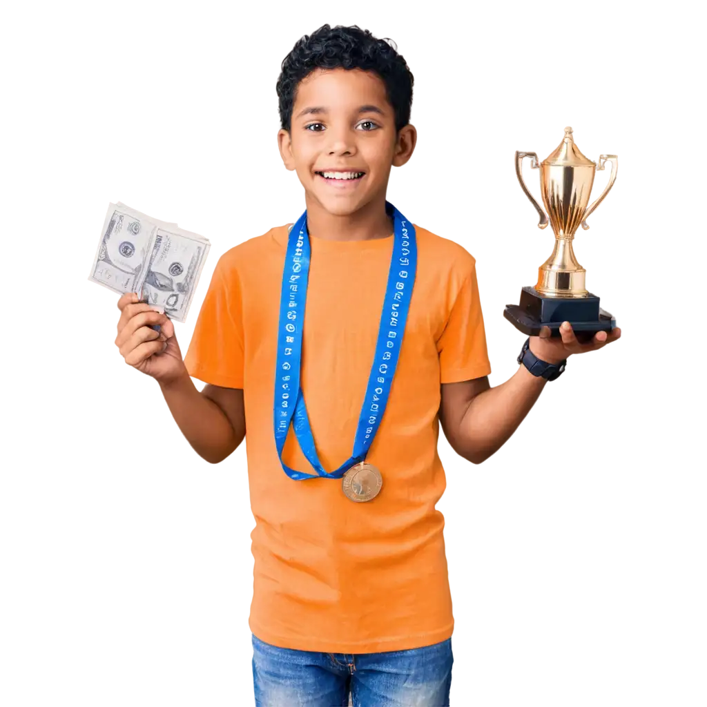 Excited-Black-Kid-in-Bright-Shirt-Wins-Cash-and-Trophy-PNG-Image