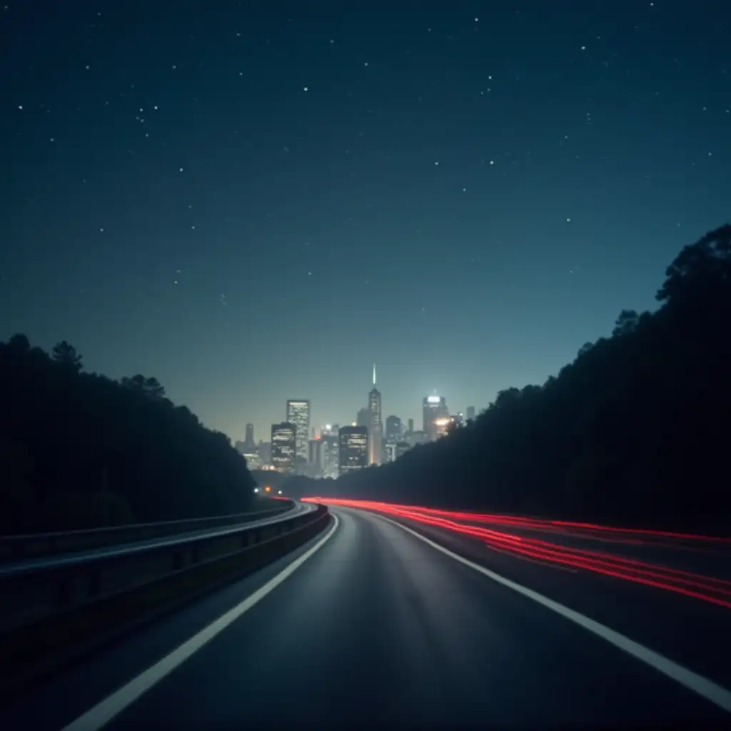 Misty-Night-Cityscape-with-Blurred-Road-and-Speed-Lines