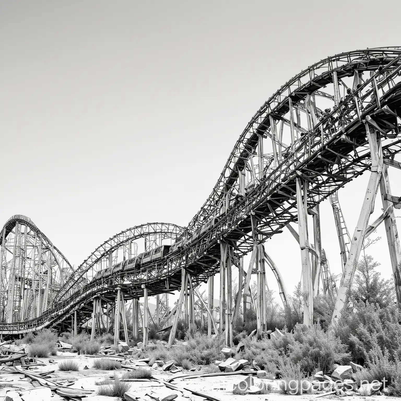 post apocalyptic ruined roller coaster, Coloring Page, black and white, line art, white background, Simplicity, Ample White Space. The background of the coloring page is plain white to make it easy for young children to color within the lines. The outlines of all the subjects are easy to distinguish, making it simple for kids to color without too much difficulty