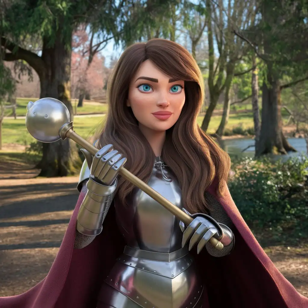 Cartoon-Brunette-Woman-with-Mace-in-Park-Setting