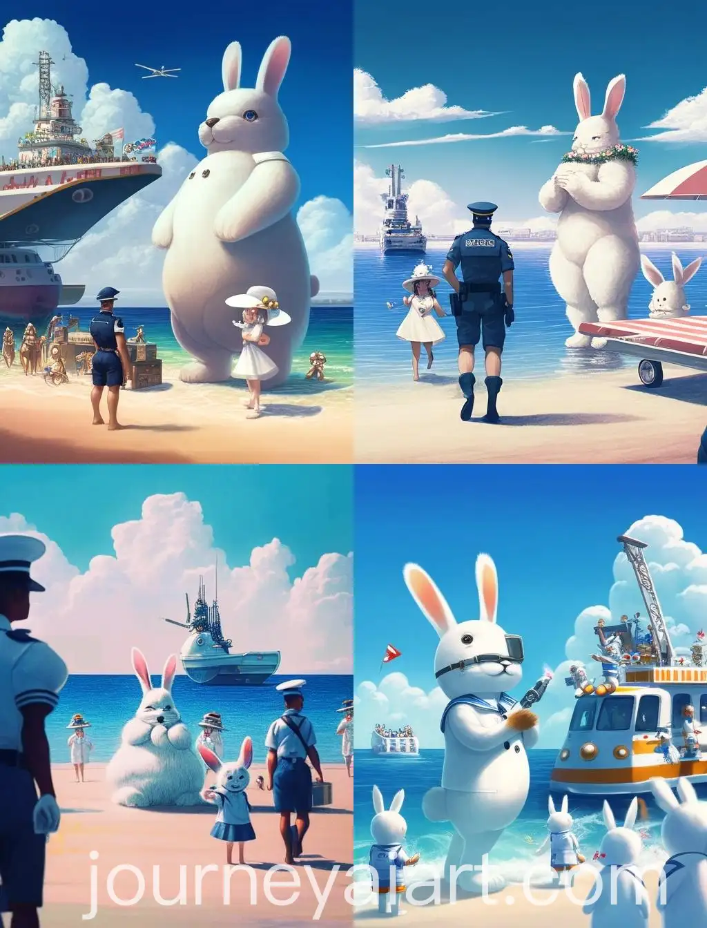 Muscular-Rabbit-Man-and-Female-Rabbit-on-Beach-with-Police-Presence